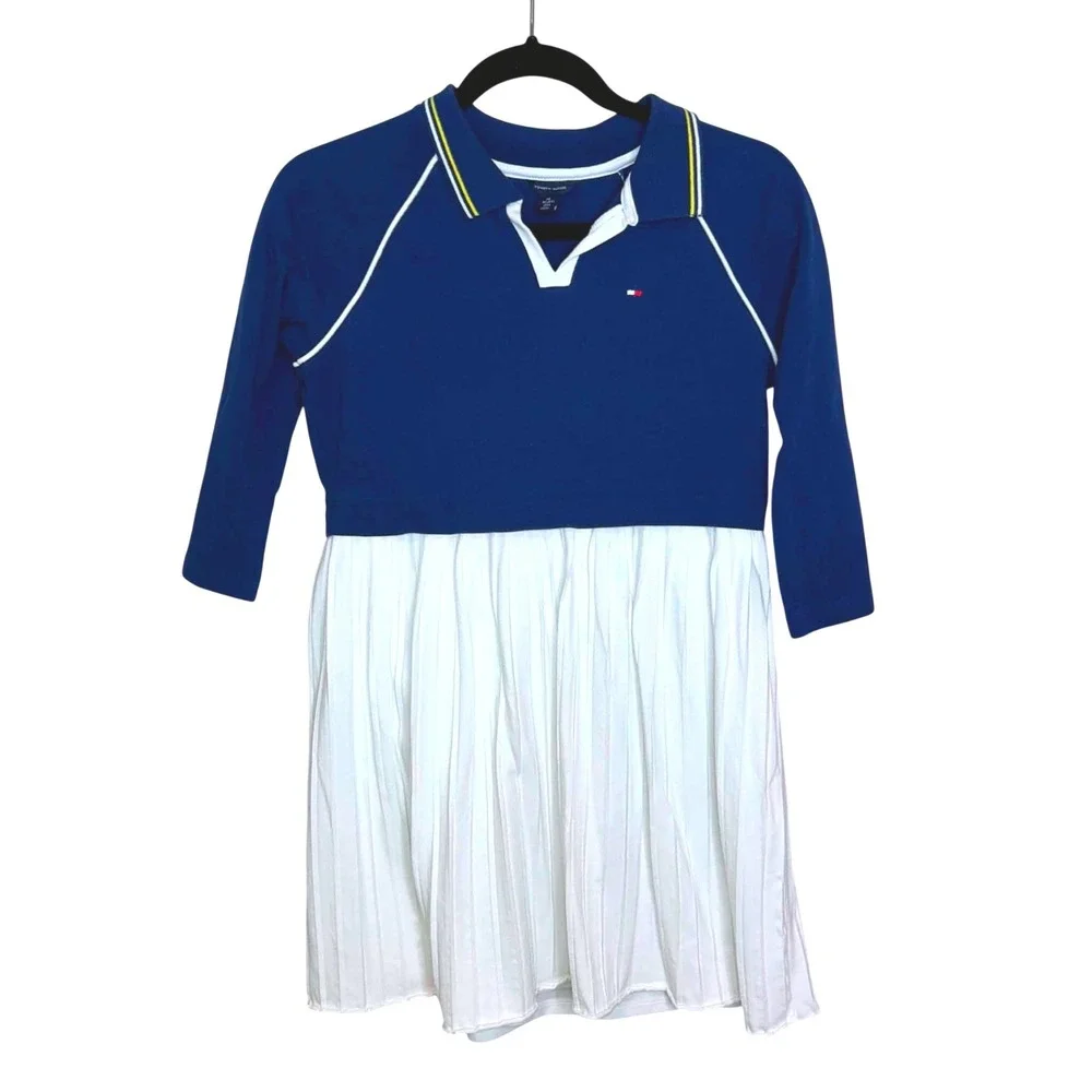 Tommy Hilfiger Girls Navy Blue White Pleated Polo Dress XL 16 Preppy Sporty